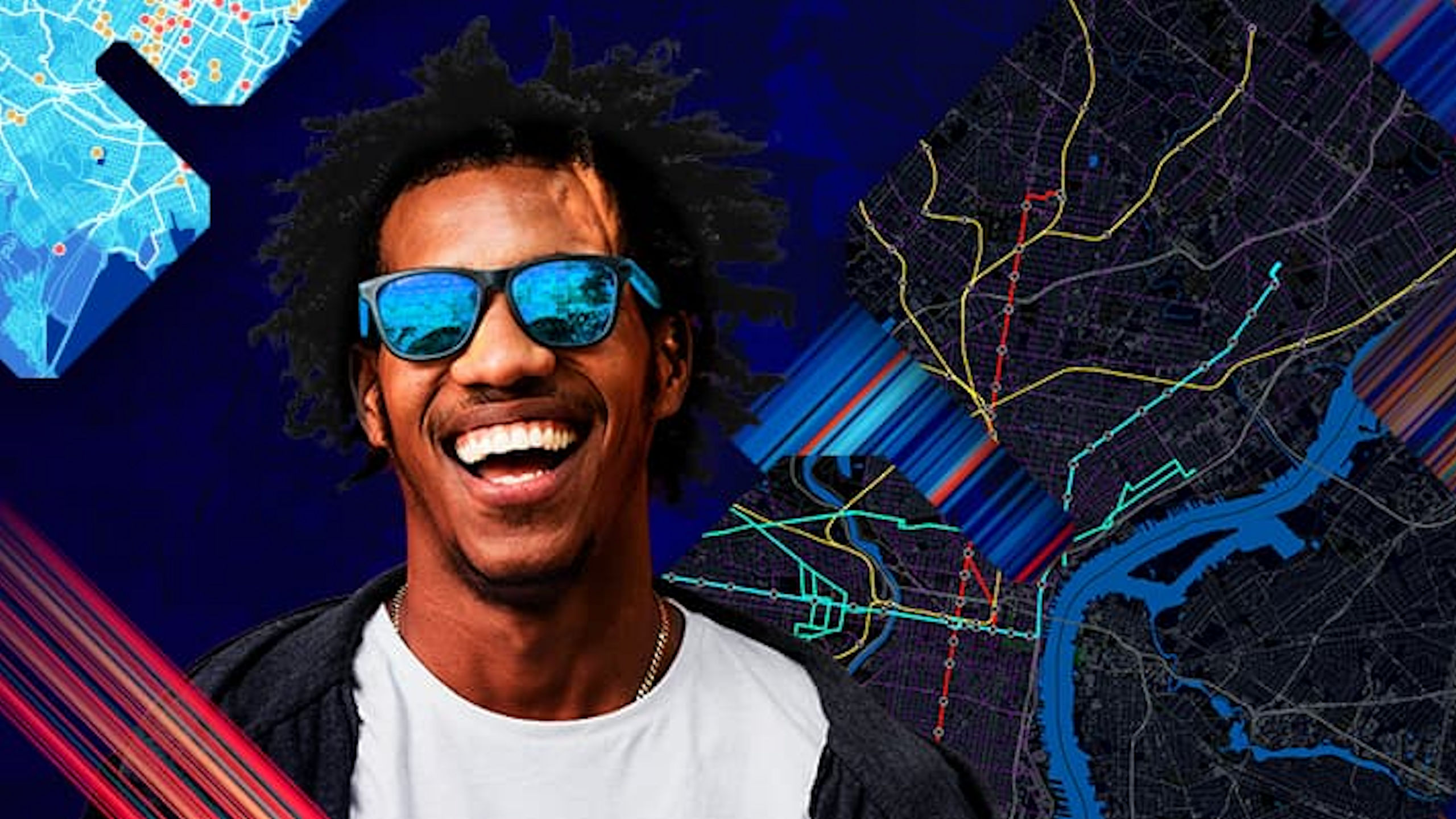 Visual der Esri User Confernce 2024 mit dem Portrait eines lachenden jungen Mannes mit verspiegelter Sonnenbrille vor farbigen Kartenausschnitten und Farbstreifen