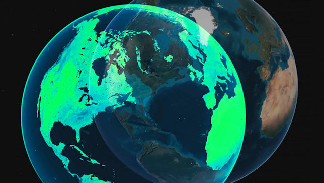 Eine 3D-Darstellung der Erde, auf der Nord- und Südamerika grün leuchtend hervorgehoben sind, vor einer realistischeren Darstellung der Erde. Dies steht für die digitale Speicherung von Daten über die Erde. 