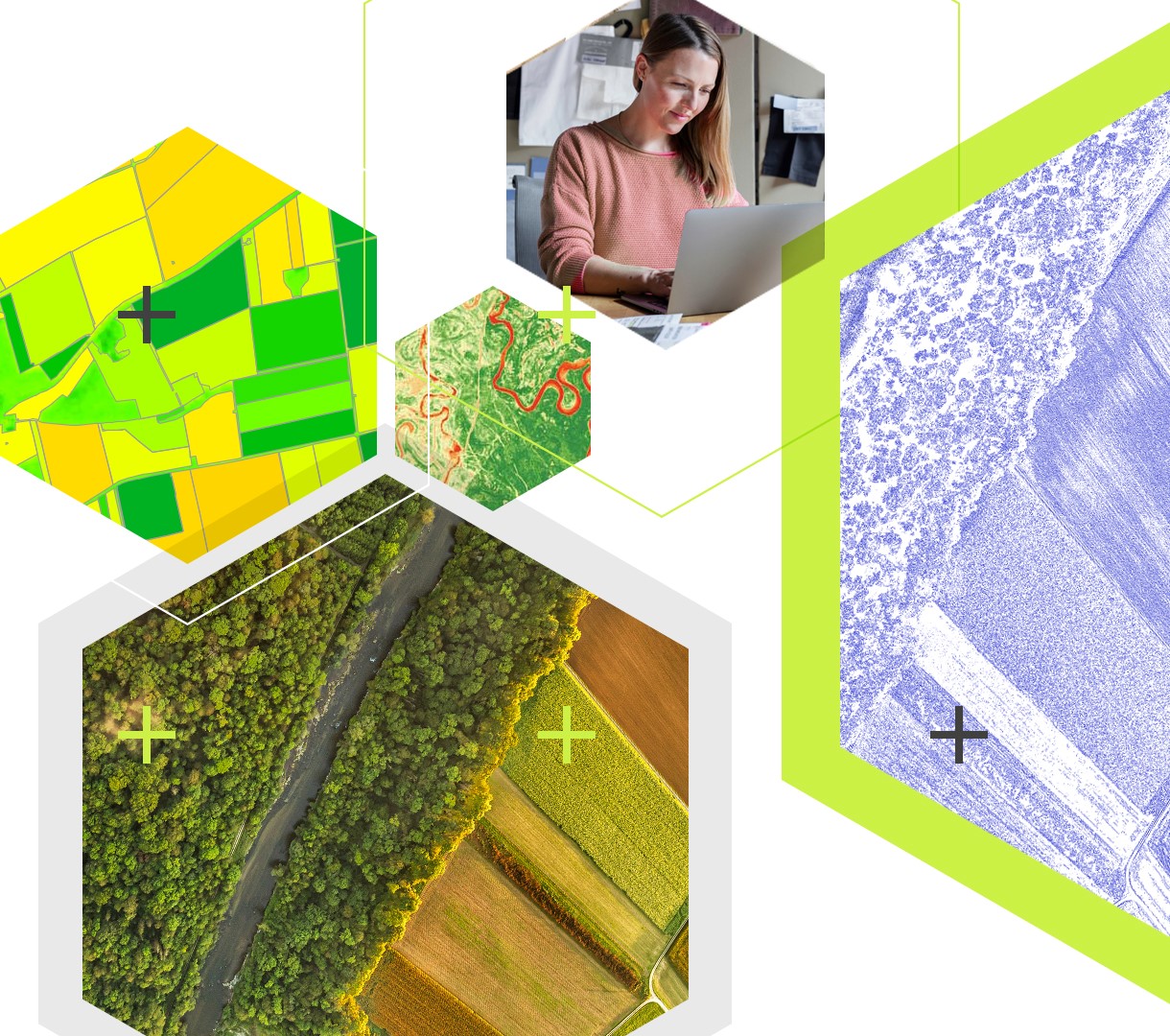 Hintergrundgrafik mit hexagonalen Ausschnitten aus Karten mit Wald und Ackerflächen