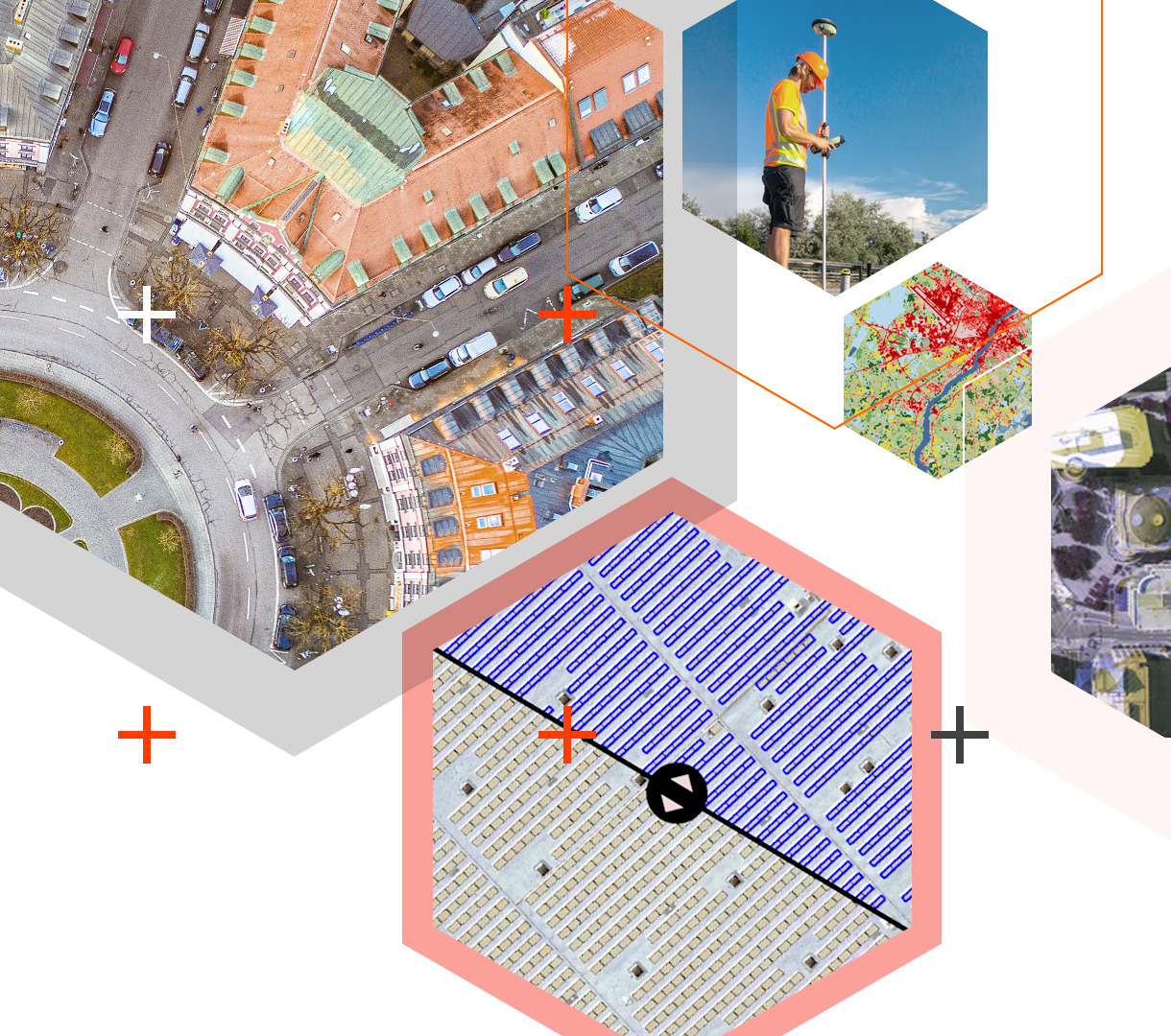 Hintergrundgrafik mit hexagonalen Ausschnitten aus Karten mit Straßen und Gebäuden