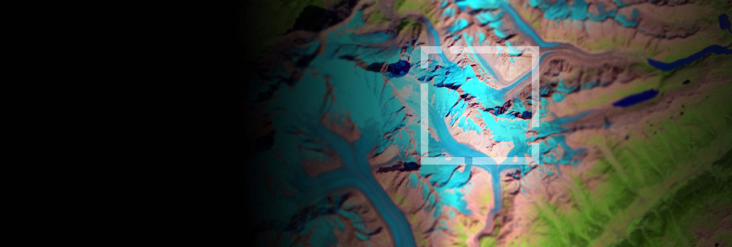 A black background fades into a satellite image of a green coastal landscape
