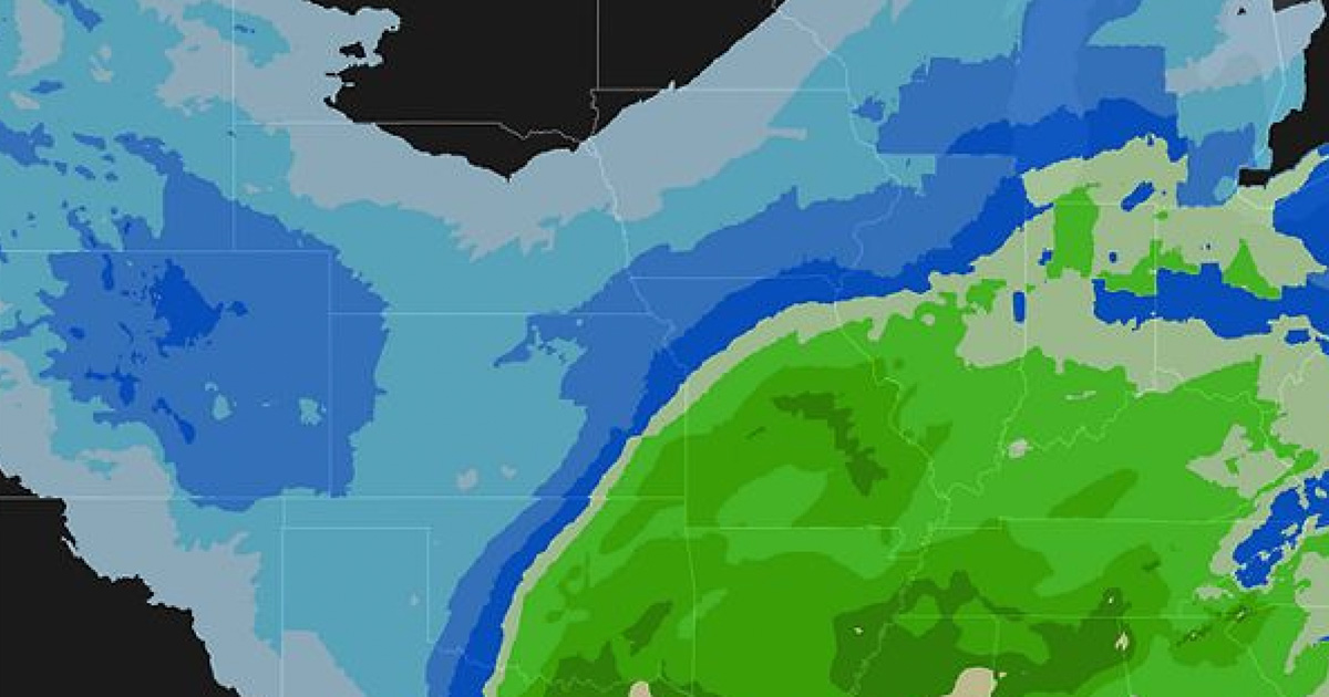 Eine Landkarte Nordamerikas, mit der Darstellung von Niederschlagsmengen in verschiedenen Blautönen.