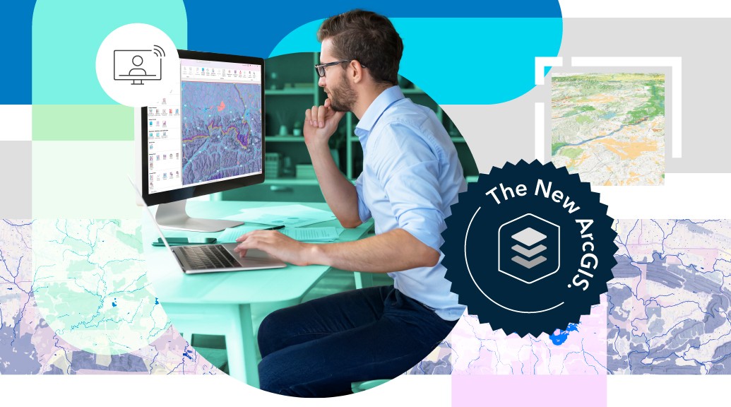Ein Mann im Hemd schaut auf einen Rechner mit einer ArcGIS Anwendung.