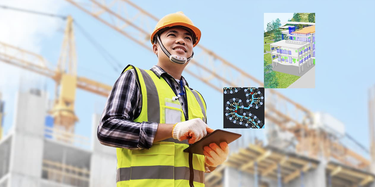 Bauarbeiter mit einem Tablet in der Hand