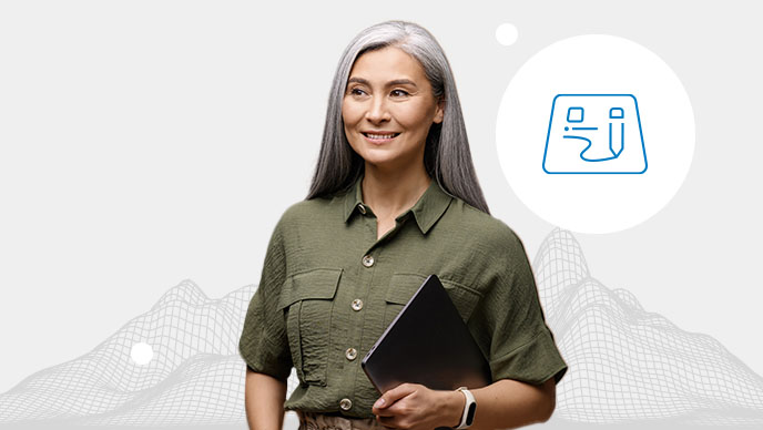 A smiling person wearing a blue blazer overlaid on a wireframe of a mountain range