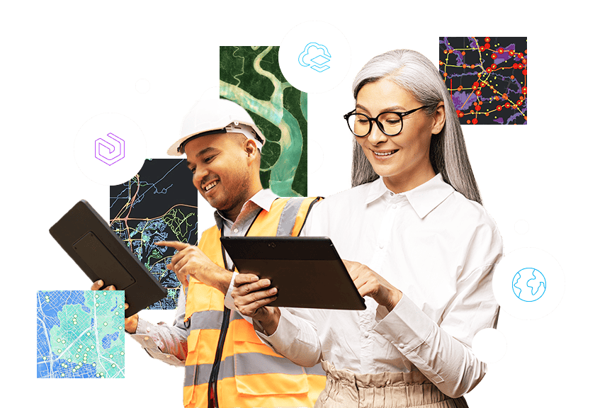 Zwei Personen verwenden Tablets zum Anzeigen und Analysieren geographischer Informationen auf verschiedenen Karten.