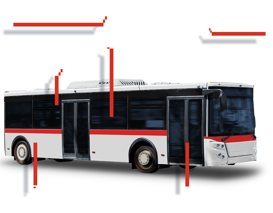 Freigestellter Linienbus mit stilisierten grafischen Elementen vor dunklem Hintergrund