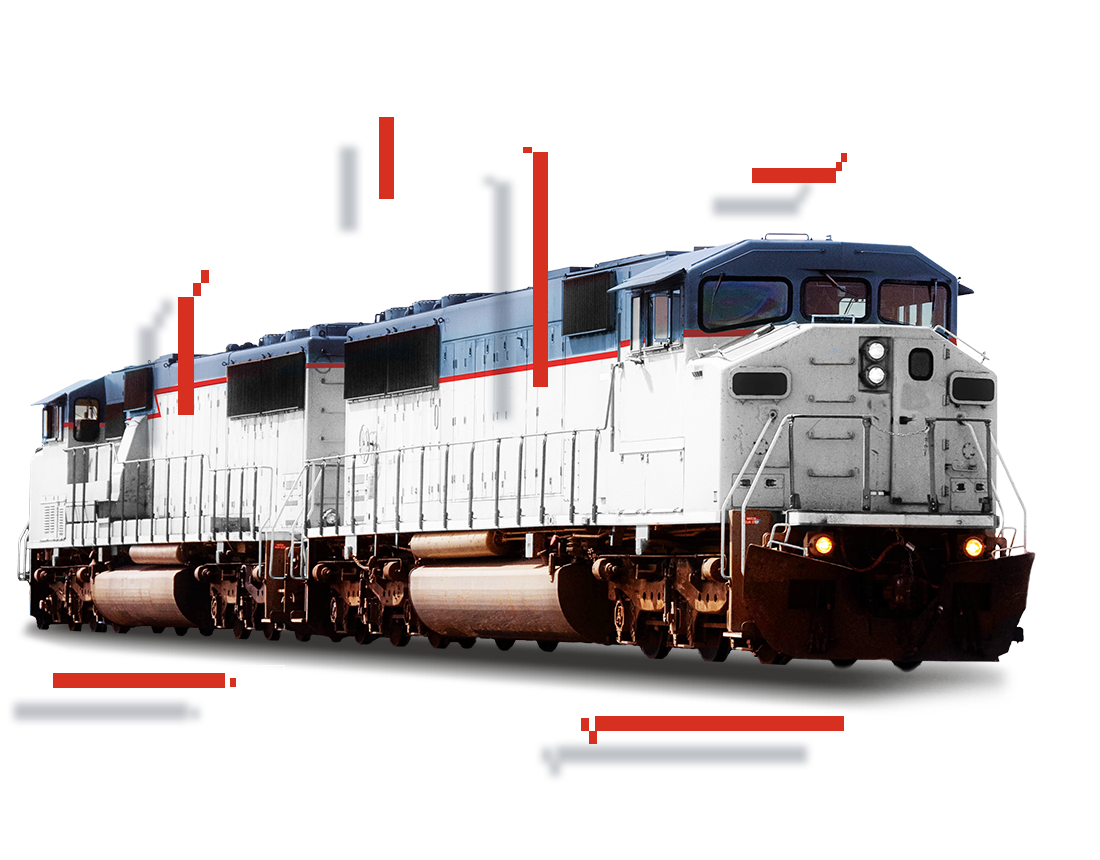 Zwei freigestellte, aneinander gekoppelte Dieselloks mit stilisierten grafischen Elementen vor dunklem Hintergrund