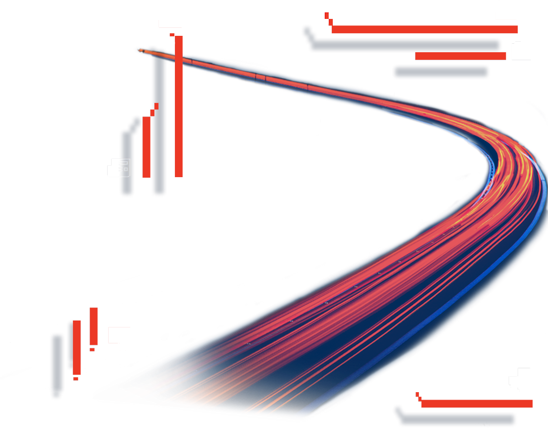 Stilisierte Kurve einer Autobahn im Dunkeln mit Leuchtstreifen der Fahrzeugbeleuchtung und grafische Linienelemente.