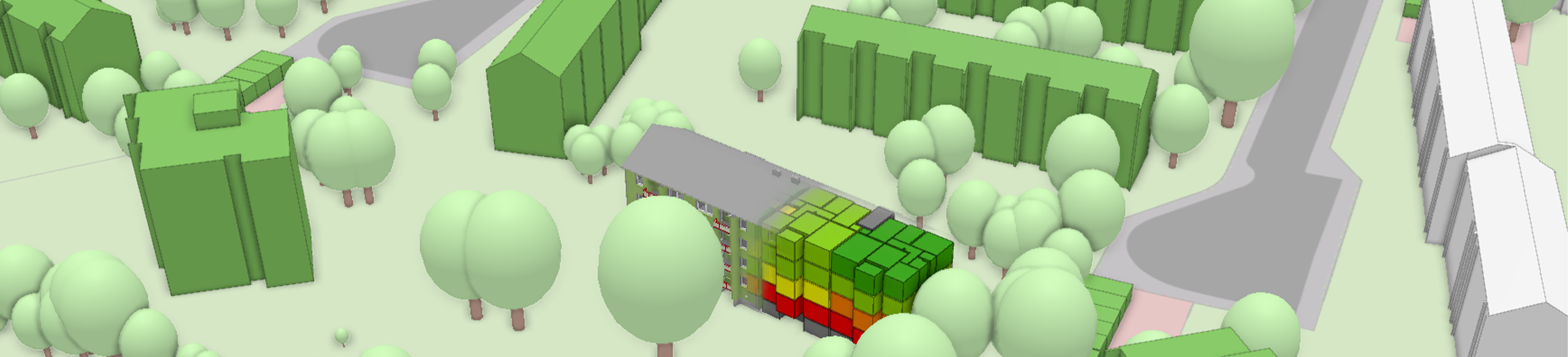 3D-Modell eines Wohnungsbaus umgeben von Grünfläche und Bäumen