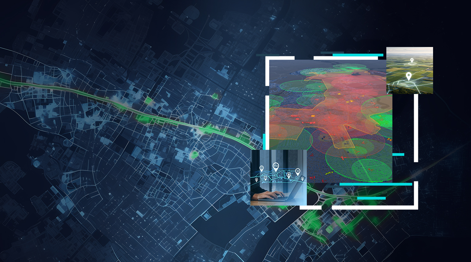 Visualisierung von Marktpotenzialen und Standortanalysen auf einer digitalen Karte mit Geodaten, Standortmarkierungen und räumlichen Analysen.