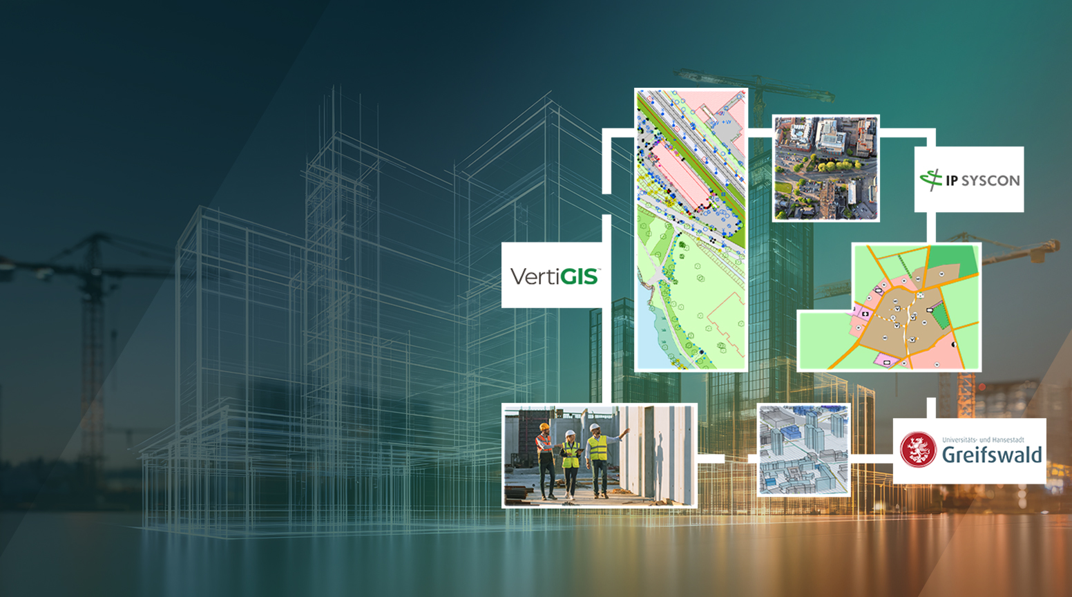 Digitale Bau- und Planungsumgebung mit vernetztem Gebäudemodell, Karten, Luftbildern und Geodaten zur Visualisierung eines digitalen Planungszwillings.