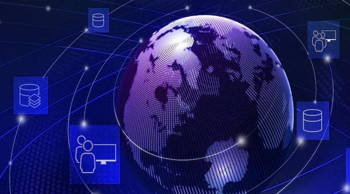 Konzeptionelle Grafik eines dunkelvioletten Globus mit technisch anmutendem Hintergrund und Icons