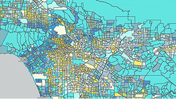 Eine mit ArcGIS Business Analyst Web App Standard erstellte Karte von Los Angeles. Die Karte zeigt zahlreiche farblich codierte Zonen an, die demografische Daten, wirtschaftliche Klassifizierungen oder andere geographische Informationen darstellen können.