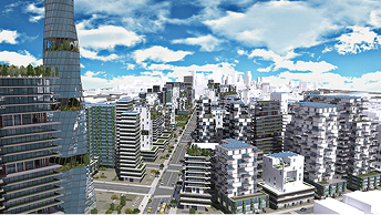 Ein mit ArcGIS CityEngine erstelltes 3D-Stadtmodell mit Hochhäusern, freien Flächen und einem teilweise bewölkten Himmel