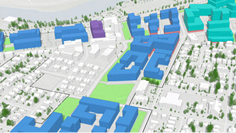 Ein ArcGIS Urban-3D-Modell eines Stadtviertels mit Gebäuden, deren farbliche Codierung verschiedene Entwicklungszonen oder -typen darstellt. Grünflächen sind ebenfalls klar abgegrenzt.