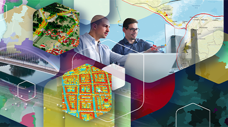 Bilderkollage mit verschiedenen Hexagonen und Bildern aus Infrastruktur und Stadt- und Raumplanung