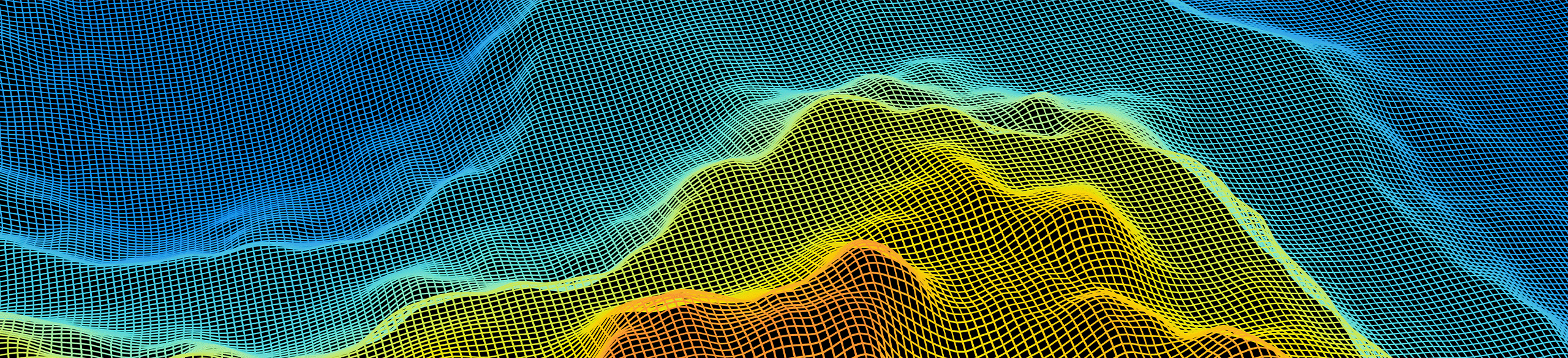 Topographic grid wireframe in blue, yellow, green and orange