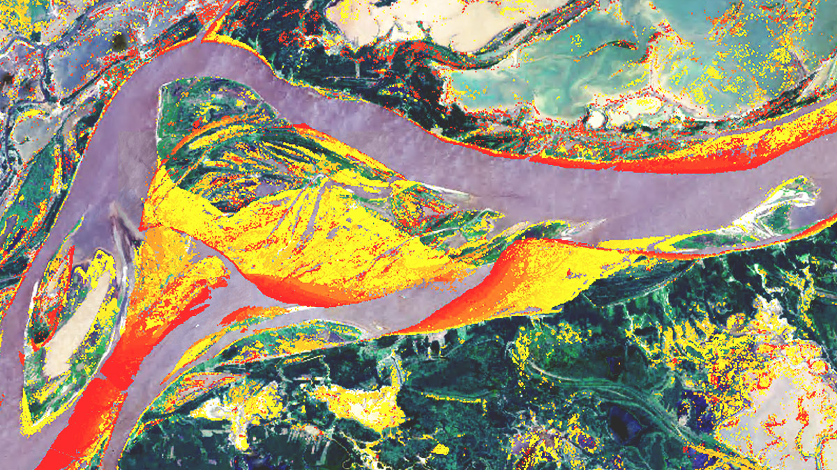 Ein Landsat-Bild zeigt die Veränderung der Morphologie in einem Abschnitt des Amazonas von 1984 bis 2021.
