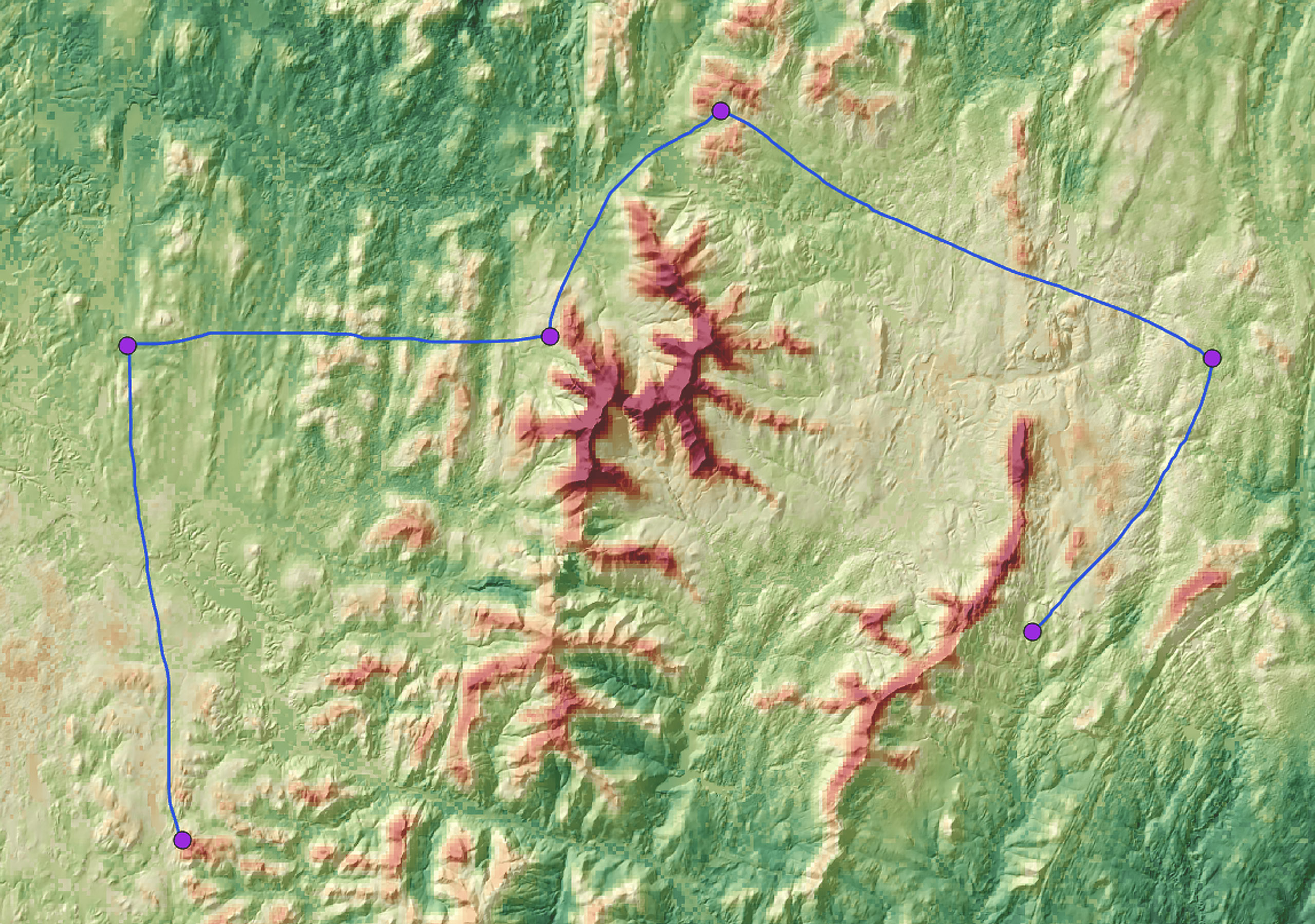 Eine 3D-Karte mit grüner, gelber und roter Schattierung zeigt sechs violette Punkte, die Gebiete von Interesse markieren und durch eine blaue Linie verbunden sind.