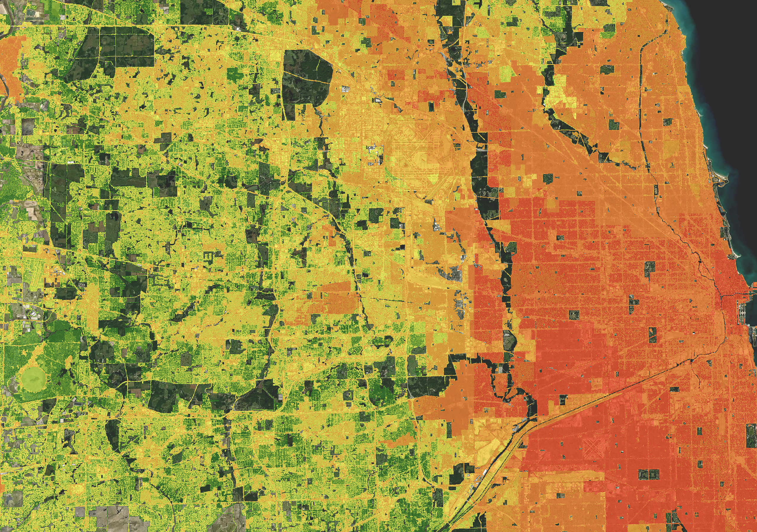 Die Karte einer Küstenstadt zeigt rote Brennpunkte im Stadtzentrum, die in den nahe gelegenen Vororten und ländlichen Gebieten in Orange, Gelb und Grün übergehen.