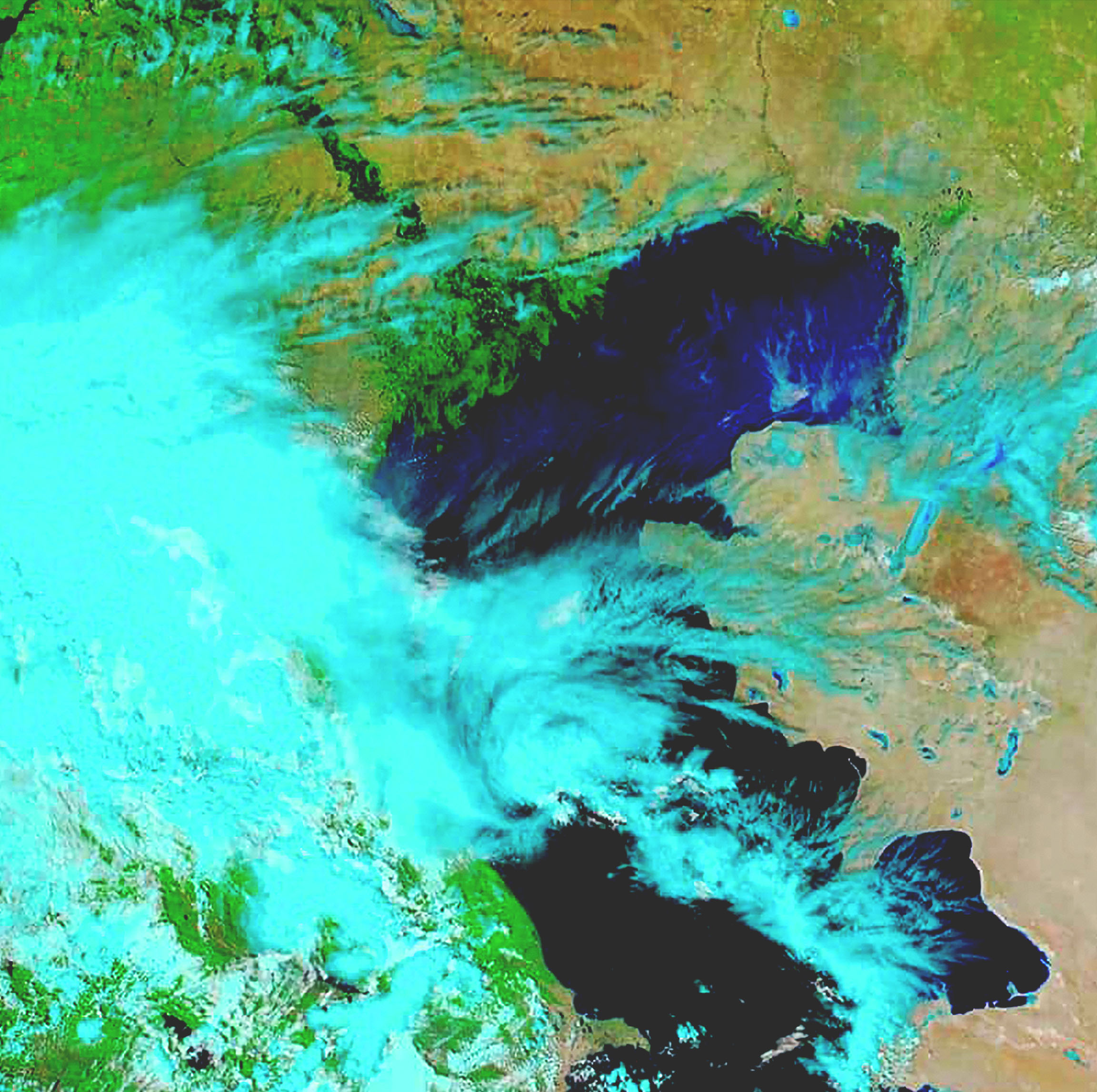 Ein Fernerkundungssatellitenbild zeigt Sensordaten in Blau-, Grün- und Braunabstufungen.