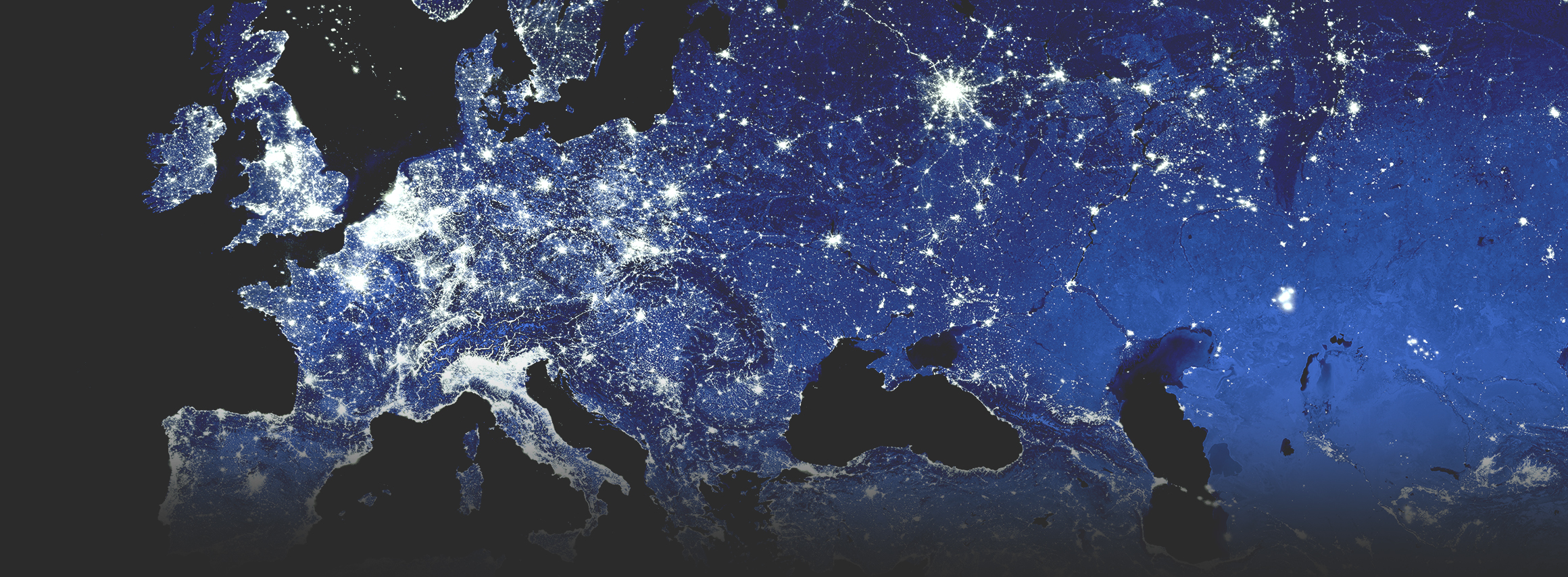 A map of Europe and western Asia shows open land in dark blue with clusters of white in population centers