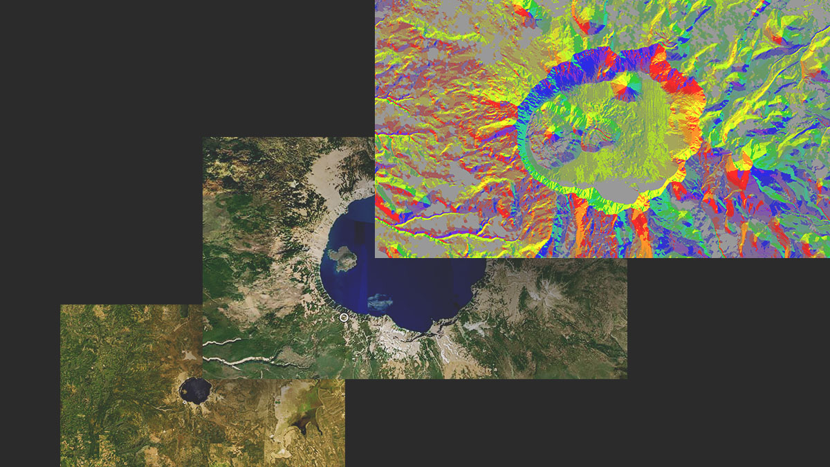 Three panels show a lake from a distance, the same lake close up, and the lake with remote sensing data in red, yellow, and blue