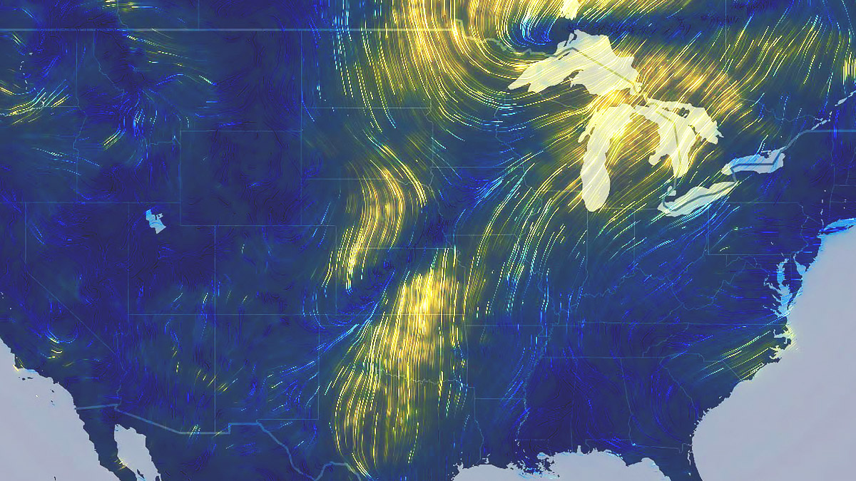 A map of the United States shows land in dark blue with curved yellow lines indicating weather patterns