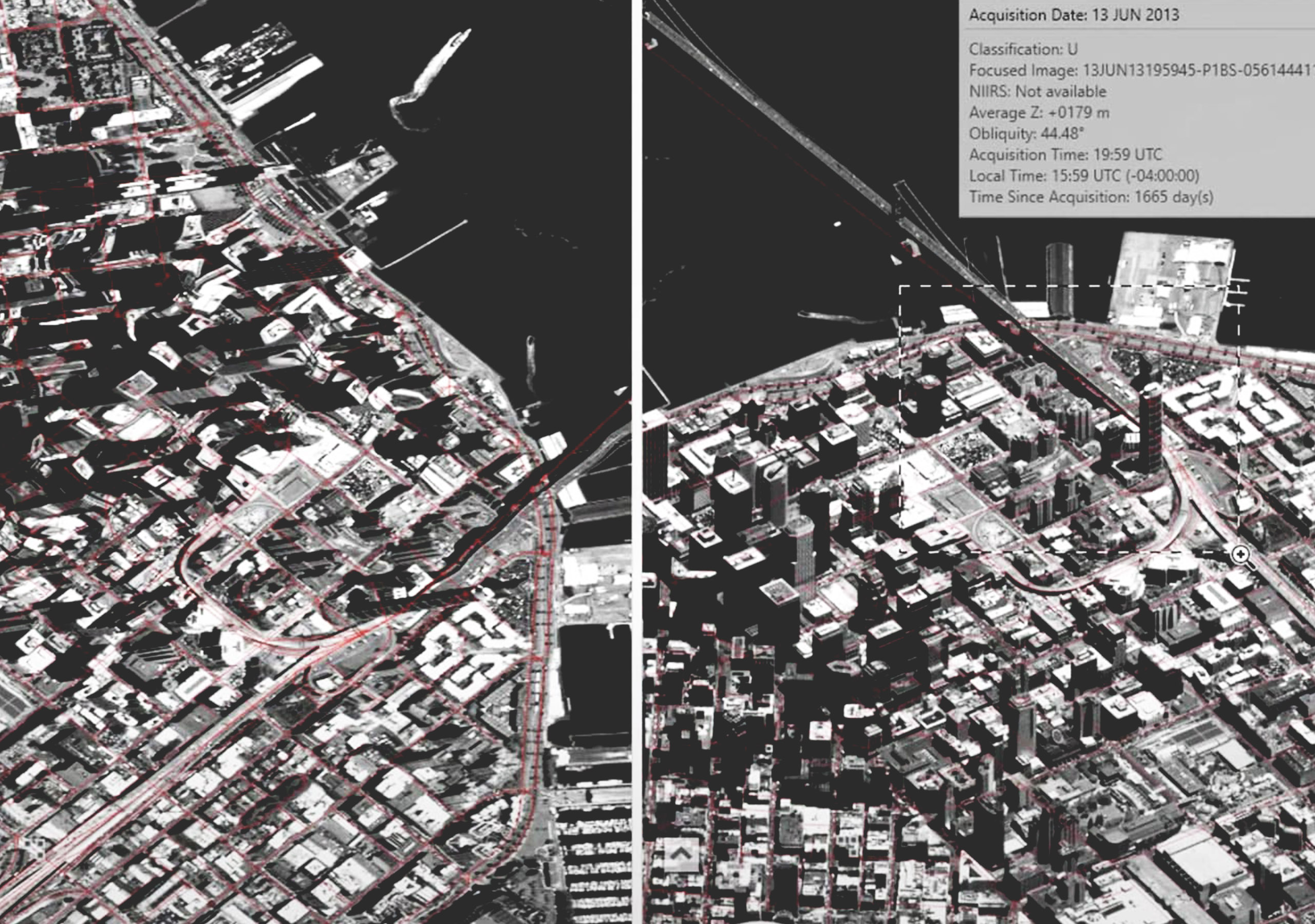 Ein Schieberegler zeigt ein Schwarz-Weiß-Bild einer Stadt am Wasser vor und nach der Korrektur der Verzerrung