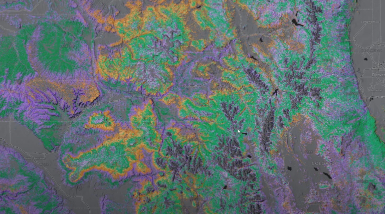 Ein Satellitenbild einer bewaldeten Landschaft zeigt fernerkundete Bodenbedeckungsdaten in einem violetten, orangen und grünen Farbverlauf.