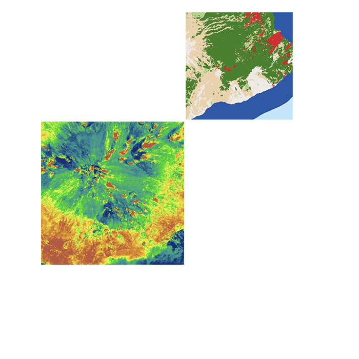 Satellite images of various landscapes feature remotely sensed data layers in patches of red, green, and orange color