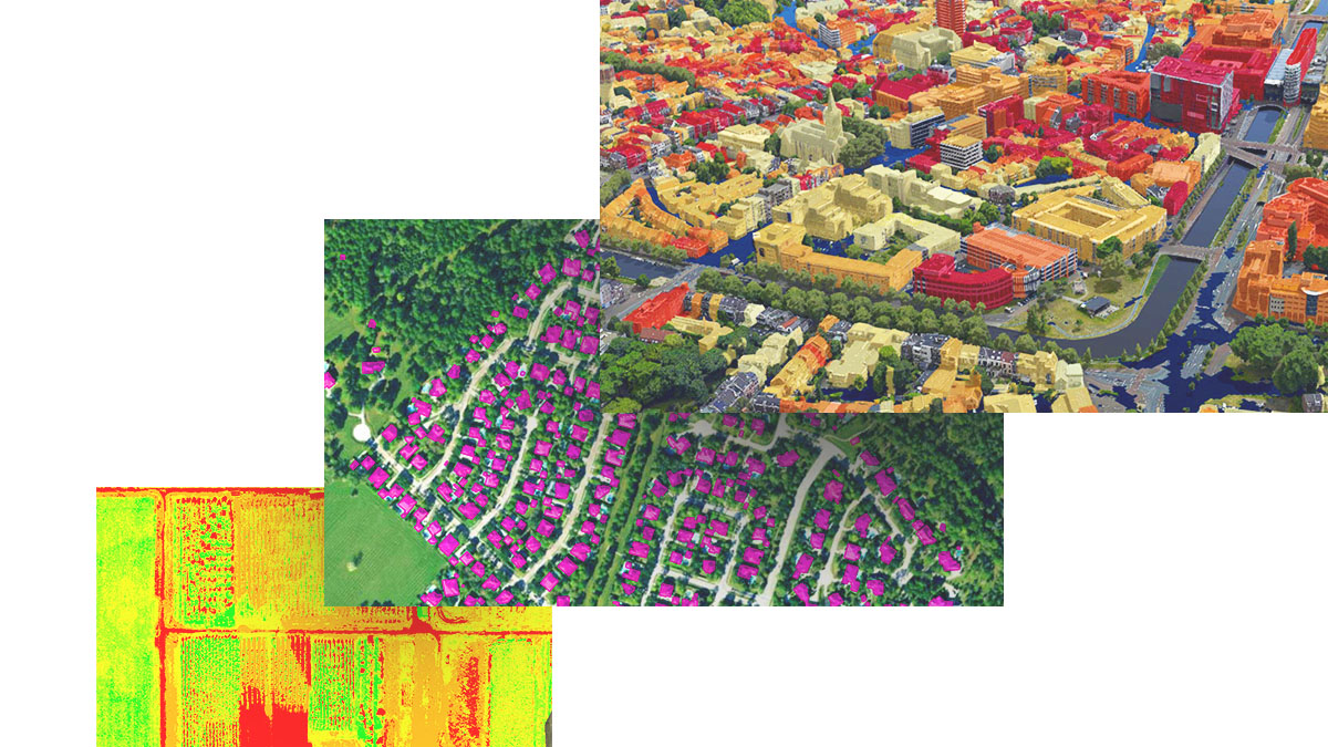 Drei Tafeln zeigen Luftbilder von Ackerland, einer Nachbarschaft und einer Stadtlandschaft mit Bildmerkmalen, die durch Analyse identifiziert wurden