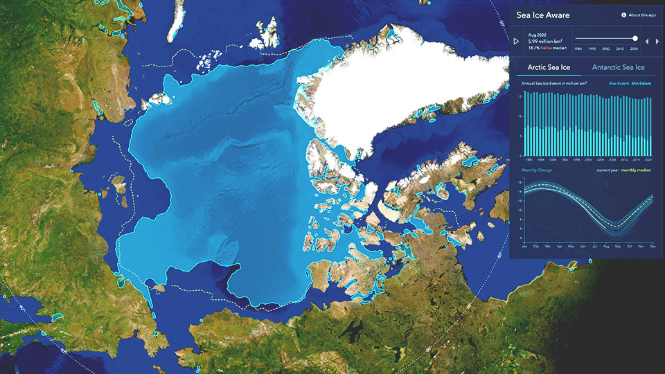 Eine Karte der Arktis zeigt die Eiskonzentration und den Meeresspiegel in der Region im Zeitverlauf.