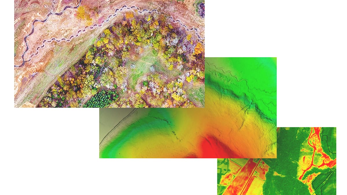 Ein Satellitenbild zeigt Grundstücke entlang eines Flusses mit quadratischen und kreisförmigen Feldern, die blau, orange und gelb markiert sind