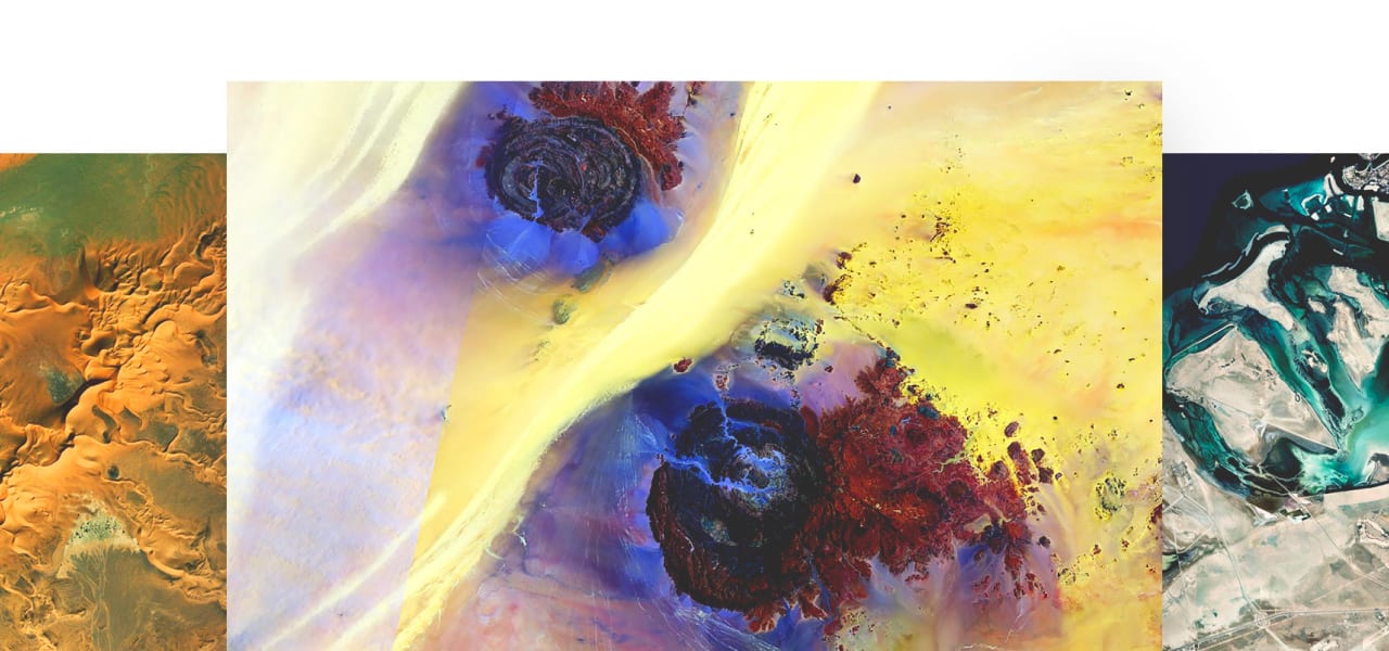 Remote sensing images show mountain, desert, and coastal landscapes in a variety of colors
