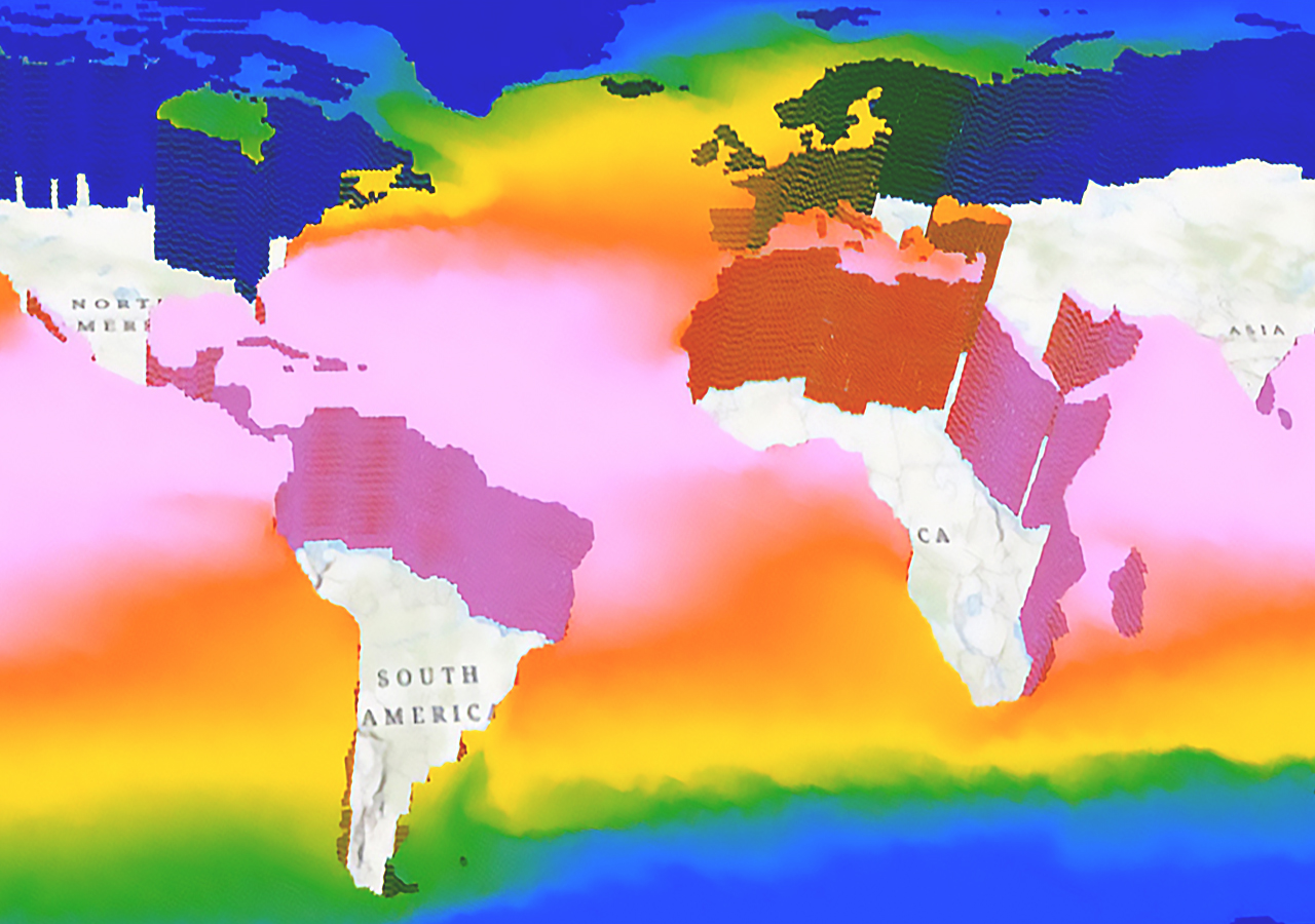 Eine Karte des Ozeans in der Nähe von Südamerika und Afrika zeigt 3D-Voxel-Ebenen in einem Farbverlauf von Rosa, Rot, Gelb, Grün und Blau.
