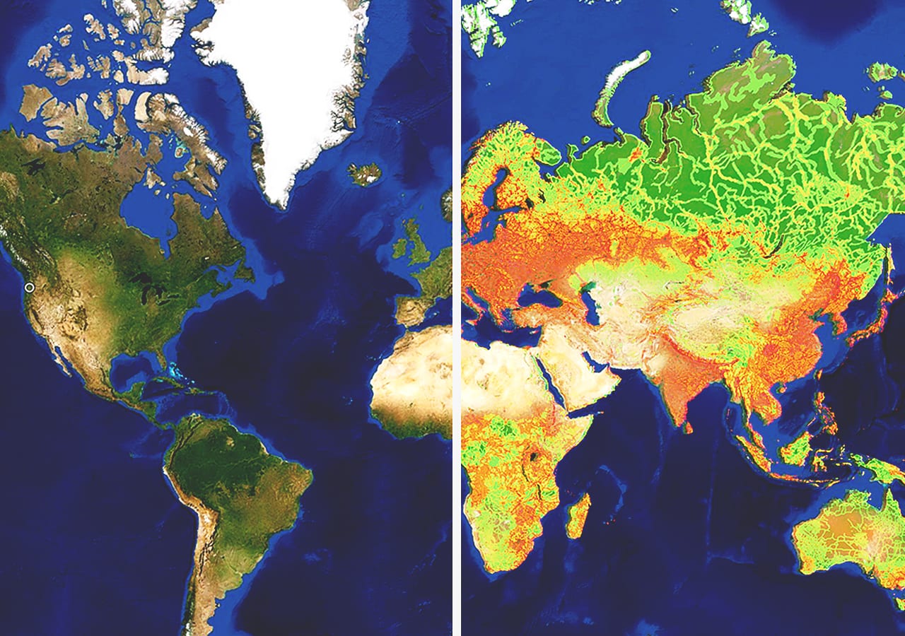 Eine Weltkarte mit einem Schieberegler, der zwei verschiedene Überlagerungen für die östliche und westliche Hemisphäre anzeigt.