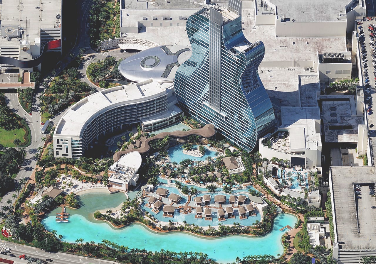 Schrägaufnahme des Seminole Hard Rock Hotel & Casino Hollywood, Florida, erfasst vom Vexcel Data Program.