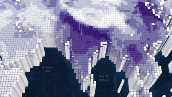 A map that shows 3D columns colored in gray and purple with the shades of purple representing density