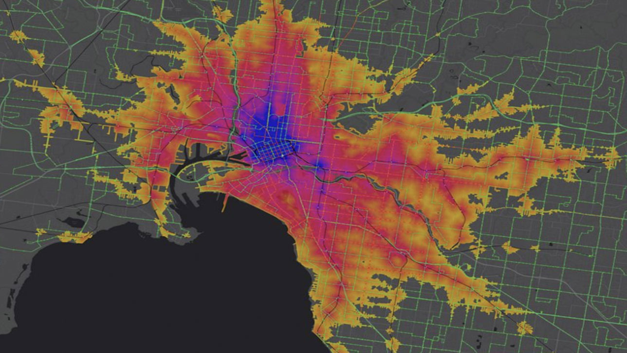 Map showing how far the population can travel using public transportation with areas shaded in blue, purple, red, and orange 