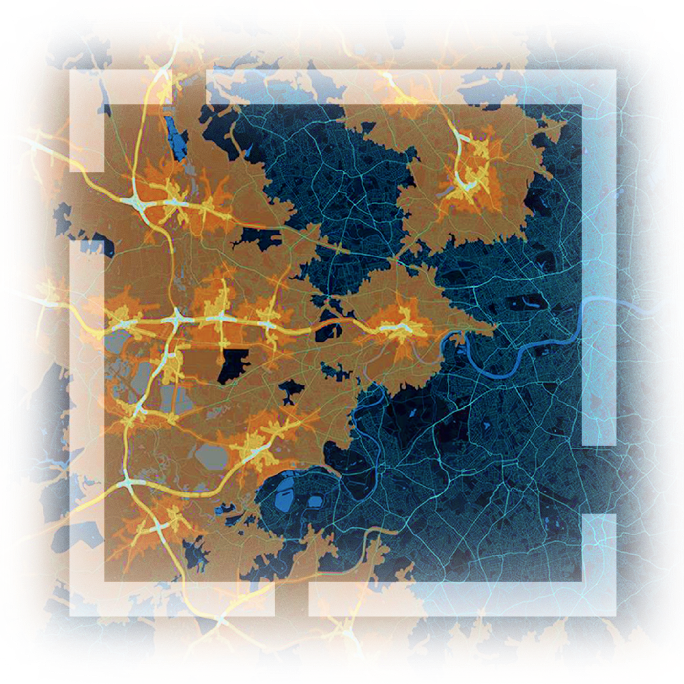 A dark blue map illustrating travel routes in bright yellow with a transparent white square framing the map