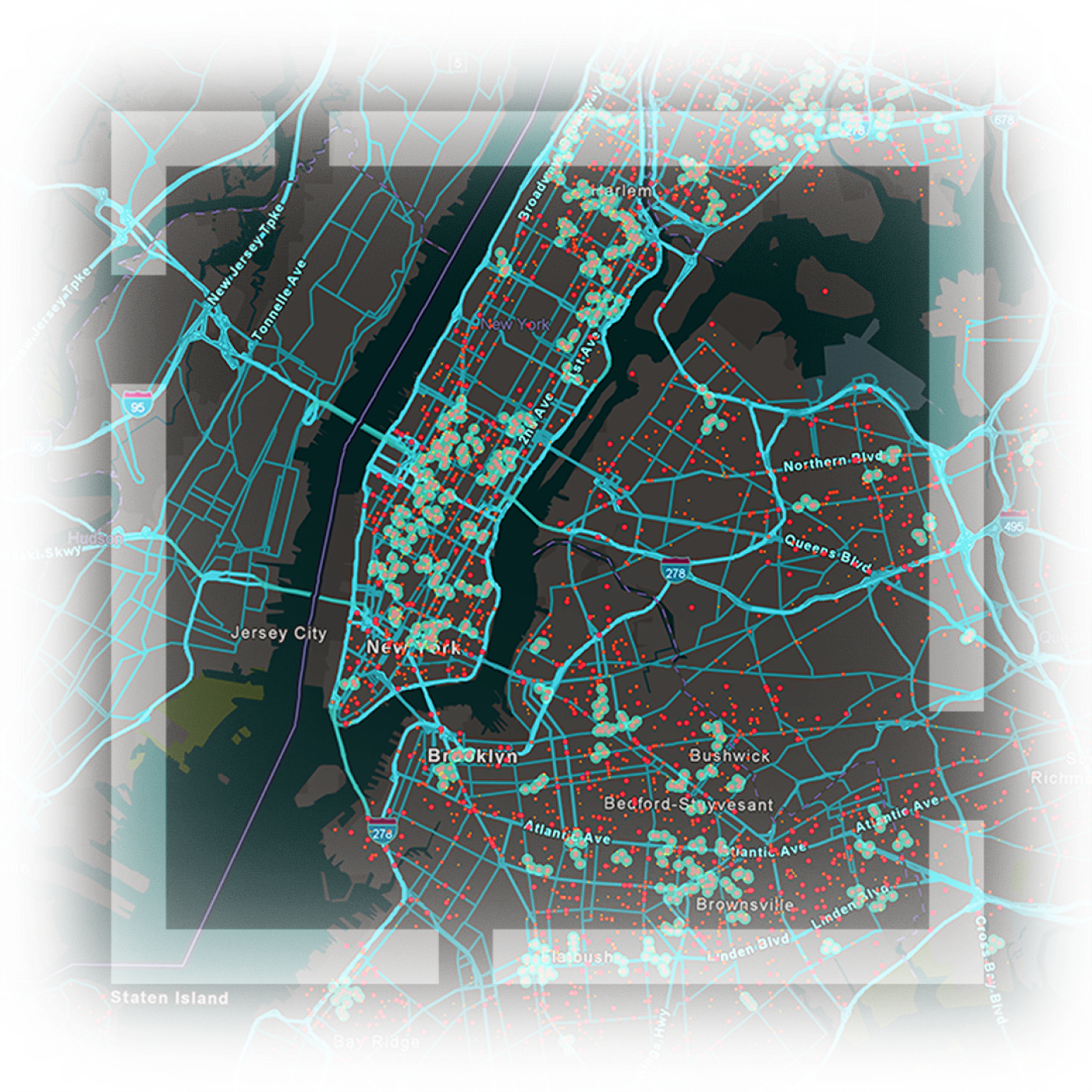 A map of New York City illustrating highways, roads, and locations of assets highlighted in blue and red linesA map of New York City illustrating highways, roads, and locations of assets highlighted in blue and red lines