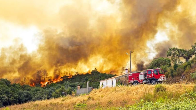 Grünes Feld mit brennenden bewachsenen Hügeln mit orangefarbenen Flammen und schwarzem Rauch