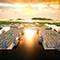 A realistic 3D rendering of a large shipping port