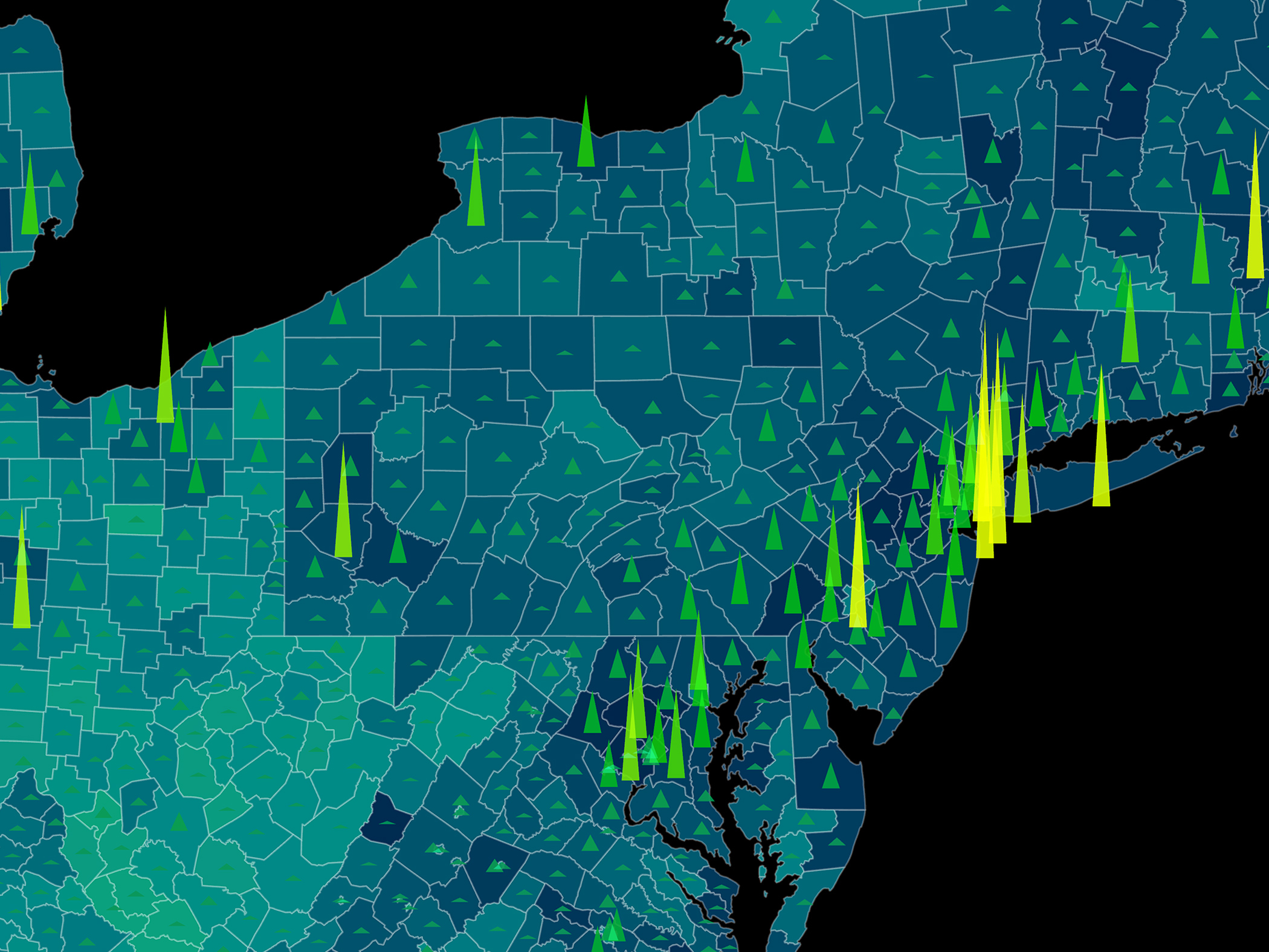 Eine mit ArcGIS Pro erstellte Karte, die räumliche Datasets des US Census für den Osten der USA mit Spike-Symbolen zeigt