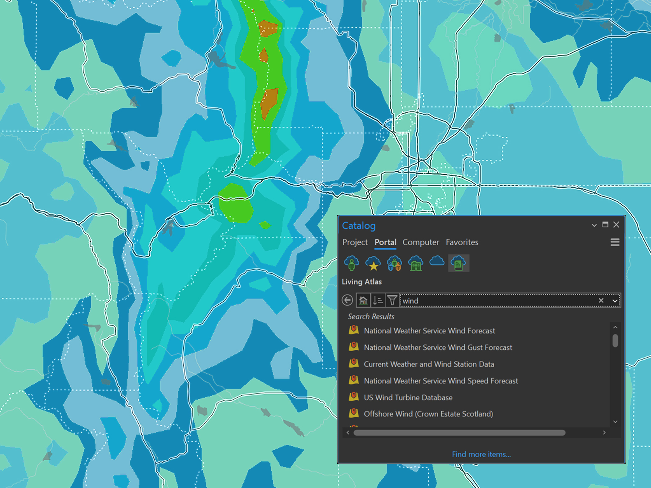 Eine digitale Karte mit unterschiedlichen Farbgebungen in Blau, Grün und Orange zeigt die Niederschlagsprognose sowie ein Fenster mit dem Datenkatalog-Werkzeug in ArcGIS Pro