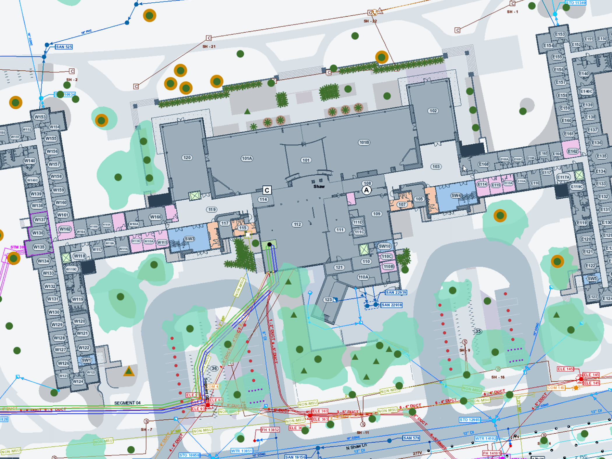 Eine Karte des Innenraums eines Bürogebäudes, die Räume und Versorgungseinrichtungen zeigt