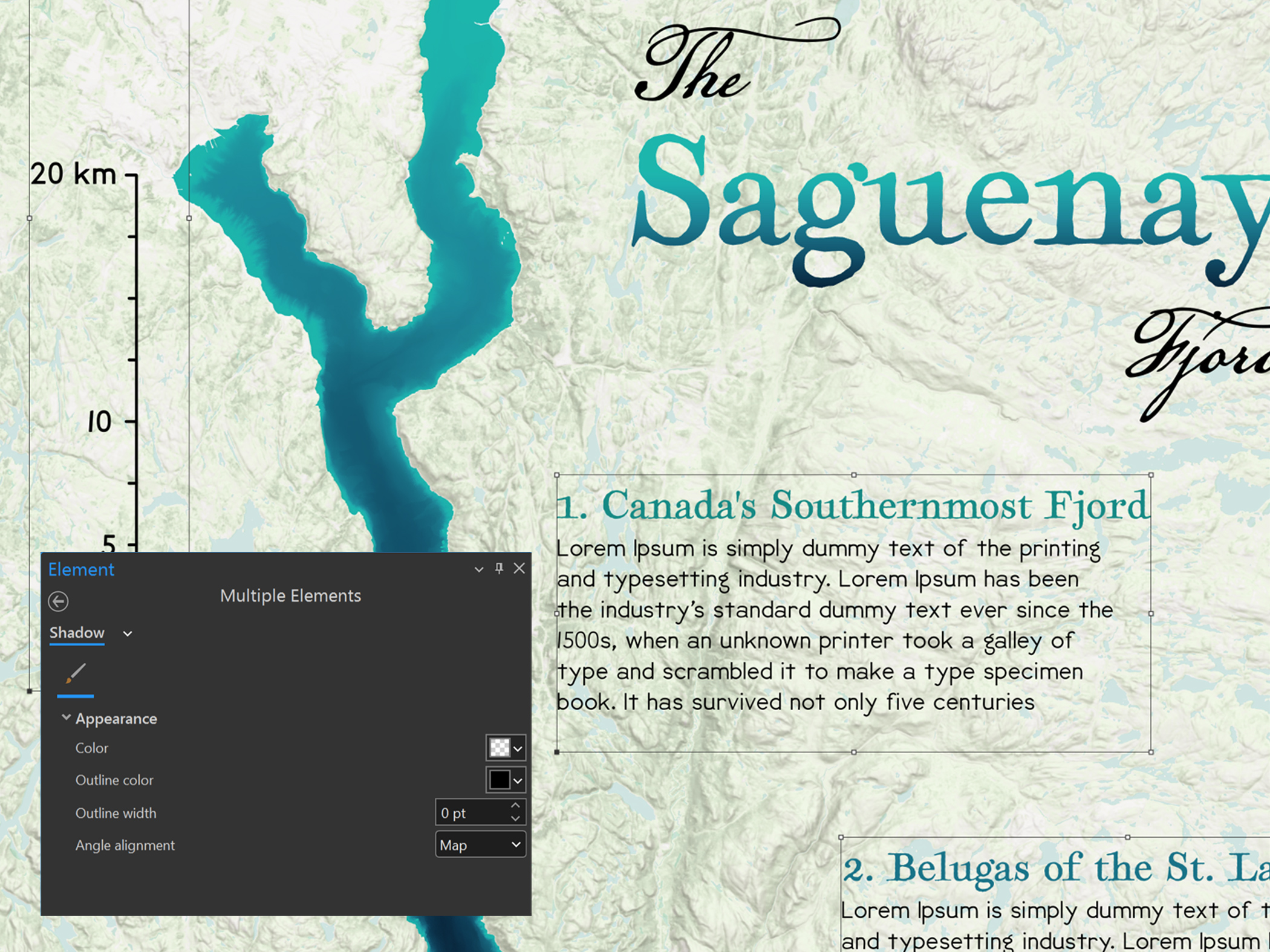 Ein Kartenlayout des Saguenay-Fjords in Kanada mit Textüberlagerungen, die mit Kartenerstellungswerkzeugen in der ArcGIS Pro-GIS-Software erstellt wurden
