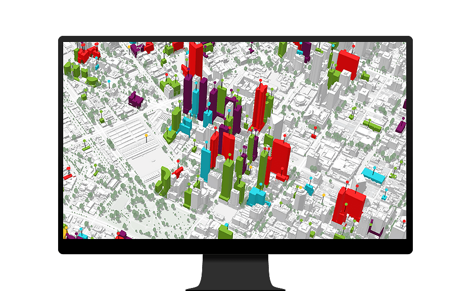 Computerbildschirm mit einer 3D-Visualisierung von Gebäuden in einer Stadt